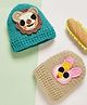 MayRa Knit Hand Knitted Pack Of 2 Animal Applique Detailed Crochet Caps - Blue & Beige - Circumference 25 Cm