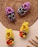 MayRa Knits Hand Knitted Woven Pack Of 2 Floral & Animal Applique Detailed Booties - Yellow & Purple