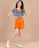 Cutiekins Woven Half Sleeves Frill Detailed Floral Printed Top & Shorts Set - Blue & Orange