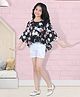 Cutiekins Woven Half Bell Sleeves Floral Printed Bow Appliqued Top & Shorts Set - Black & White