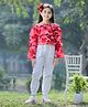 Cutiekins Woven Full Sleeves Off Shoulder Floral Printed Top & Cargo Pant Set - Red & Off White