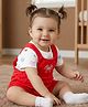 Babyoye 100% Cotton Knit With Eco Jiva Finish Dungaree & Half Sleeves Inner Tee With Floral & Bow Print - Red