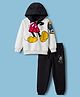 Babyhug Disney Terry Knit Drop Shoulder Full Sleeves Hooded Sweatshirt & Joggers Set with Mickey Mouse Graphic & 3D Applique - White & Black