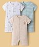 I Bears Interlock Knit Half Sleeves Striped & Animal Printed Front Open Rompers Pack of 3 - Peach Light Blue & White