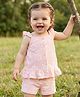 Babyoye Cotton Knit Solid Dyed Frill Sleeves Co-ords Top & Shorts Set with Floral Embroidery - Pink