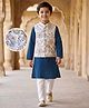 EARTHY TOUCH Cotton Woven Full Sleeves Kurta Pyjama Set With Floral Embroidered Nehru Jacket - Navy Blue & White