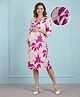 Bella Mama Viscose Woven Three Fourth Sleeves Maternity Dress With Floral Print - White
