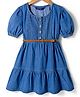 Pine Kids Cotton Woven Half Sleeves Solid Frock With Belt - Blue