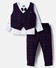 Mini Taurus Sinker Knit Full Sleeves Star Printed Party T-Shirt & Trouser Set with Waistcoat Checks & Bow Applique - Navy Blue
