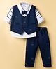 Mini Taurus Sinker Knit Full Sleeves 3 Piece Party Suit with Bow Applique & Stripes - Navy Blue