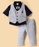Mini Taurus Sinker Knit Full Sleeves Striped 3 Piece Party Suit Bow Applique - Light Grey