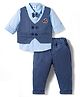 Mini Taurus Sinker Knit Full Sleeves Striped 3 Piece Party Suit With Attached Bow - Blue