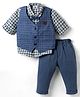 Mini Taurus Sinker Knit Full Sleeves 3 Piece Party Suit with Checks & Bow Applique - Blue