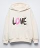 ALAN JONES Cotton Blend Knit Full Sleeves Love Text Printed Oversized Light Winter Hoodie - Ecru