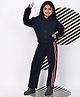 BaawRi Fleece Knit Full Sleeves Tape Detailed Light Winter Hooded Jacket & Pant Set - Navy Blue