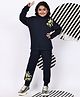 BaawRi Fleece Knit Full Sleeves  Floral & Lemons Printed Light Winter Turtle Neck Sweatshirt With Pant Set - Navy Blue