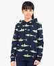 Ariel Cotton Knit Full Sleeves Sharks Printed Hooded Sweatshirt - Navy Blue