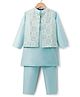 Pine Kids Woven Full Sleeves Kurta Pajama & Jacket Set With Floral Embriodery - Light Blue
