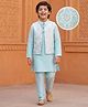 Pine Kids Woven Full Sleeves Kurta Pajama & Jacket Set With Floral Embriodery - Light Blue
