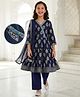 Pine Kids Viscose Woven Full Sleeves Kurta Salwar & Dupatta Set With Floral Foil Print - Navy Blue