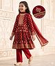 Pine Kids Woven Full Sleeves Kurta Salwar Set With Floral Foil Print & Dupatta - Maroon