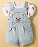 ToffyHouse Knit Dungaree & Half Sleeves T-Shirt With Teddy Bear Print & Patch - Light Blue & White