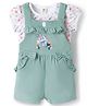 ToffyHouse Cotton Knit Dungaree & Half Sleeves T-Shirt With Floral & Bird Print & Embroidery - Mint Green & White