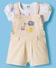ToffyHouse Cotton Knit Corduroy Dungaree & Half Sleeves T-Shirt With Animal Print & Embroidery - Lemon
