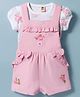 ToffyHouse Cotton Knit Half Sleeves T-Shirt & Dungaree with Floral Embroidery and Print and Frill Detailing - Pink & White