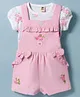 ToffyHouse Cotton Knit Half Sleeves T-Shirt & Dungaree with Floral Embroidery and Print and Frill Detailing - Pink & White