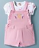 ToffyHouse Cotton Knit Dungaree & Half Sleeves T-Shirt With Flamingo Print & Embroidery - Pink