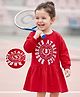 Kookie Kids Single Jersey Knit Full Sleeves Drop Waist Frock With Text Print - Red