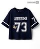 Kookie Kids Single Jersey Knit Drop Shoulder Half Sleeves Oversized T-Shirt With Awesome & Foil Butterfly Print - Navy Blue