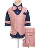 Rikidoos Full Sleeves Checked 3 Piece Suit Set With Bow - Peach & Navy Blue