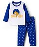 Doodle Poodle 100% Cotton  Knit Full Sleeves Tiger & Star Printed T-Shirt & Pyjama Night Suit - White & Navy Blue