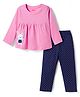Babyhug Cotton Knit Full Sleeves Night Suit with Polka Dot Print & Bunny Patch - Navy Blue & Pink