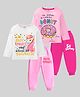KUCHIPOO Cotton Knit Pack Of 2 Full Sleeves Unicorn Donuts &  Typography Printed Tees & Joggers Set - White Pink & Dark Pink