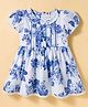 ToffyHouse Cotton Woven Half Puffed Sleeves Frock with Floral Print & Frill Detailing - Blue & Off White