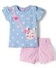 ToffyHouse Knitted Cold Shoulder Sleeves Top & Shorts Set with Cat Print Stripes & Bow Applique - Pink & Light Blue