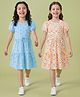 Honeyhap Premium Cotton with Bio Finish Half Sleeves Frocks with Floral Print & Bow Applique Pack of 2 - Transparent Yellow & Spun Sugar