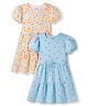 Honeyhap Premium Cotton with Bio Finish Half Sleeves Frocks with Floral Print & Bow Applique Pack of 2 - Transparent Yellow & Spun Sugar