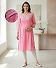 Bella Mama 100% Viscose Woven Three Forth Sleeves Maternity Kurta With Floral Embroidered Yoke - Pink