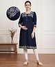 Bella Mama Woven Three Fourth Sleeves Maternity Kurta With Floral Embroidered Yoke - Navy Blue