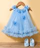 BlueBell Net Woven  Sleeveless Party Dress With Butterfly Applique & Booties - Light Blue