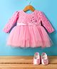 Bluebell Net Woven Full Sleeves Party Frock With Floral Applique & Booties - Pink