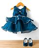 Bluebell Tissue Woven Sleeveless Party Frock With Bow Applique & Booties - Teal Blue