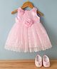 Bluebell Net Woven Sleeveless Floral Embroidered Party Frock With Applique & Booties - Pink
