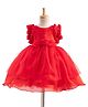 Bluebell Net Woven Sleveless Party Dress with Floral Applique & Frill Detailing - Red