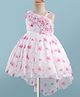 Bluebell Tissue Woven Sleeveless Party Frock With Floral Print & Corsage - Pink & White