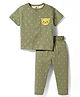 ToffyHouse Knitted Half Sleeves Co-ords Night Suit with Cat & Heart Print - Olive Green